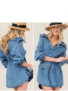 MULLA Jean Denim Long Sleeve Snap Button Down Shirt Dress w Belt & Hip Bag
